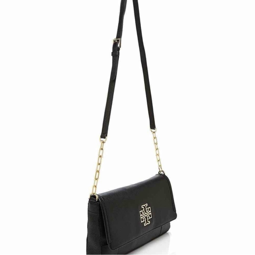 Tory Burch Britten Fold Over Messenger Black Leather Crossbody Purse - Picture 2 of 16